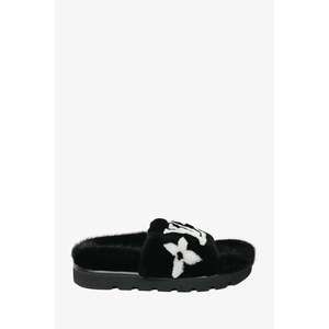 Louis Vuitton Black Fur Monogram Slides Size 38
